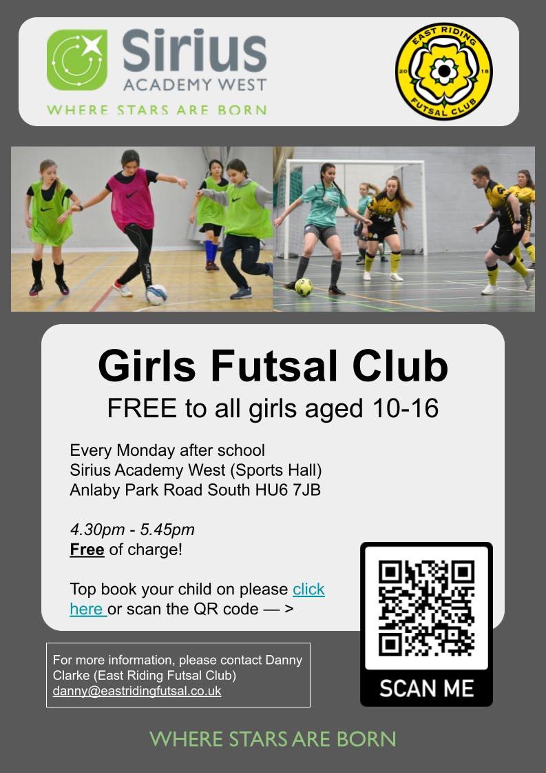 GIRLS FUTSAL | FREE After our successful launch of the Ladies Team, the club are delighted to be able to relaunch our girls program in partnership with Sirius West. Mondays | Sirius West | 4:30pm-5:45pm Book: sirius-academy-west.pembee.app Info: Danny@EastRidingFutsal.co.uk