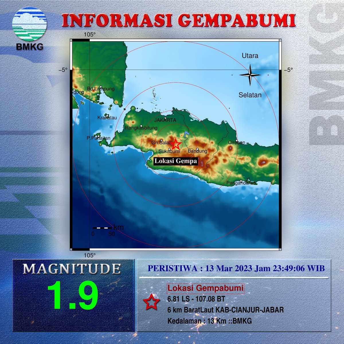 bmkgwilayah2's tweet photo. Info Gempa Mag:1.9, 13-Mar-23 23:49:06 WIB, Lok:6.81 LS - 107.08 BT (6 km BaratLaut KAB-CIANJUR-JABAR), Kedlmn: 13 Km ::BMKG https://t.co/G01NYxUYII