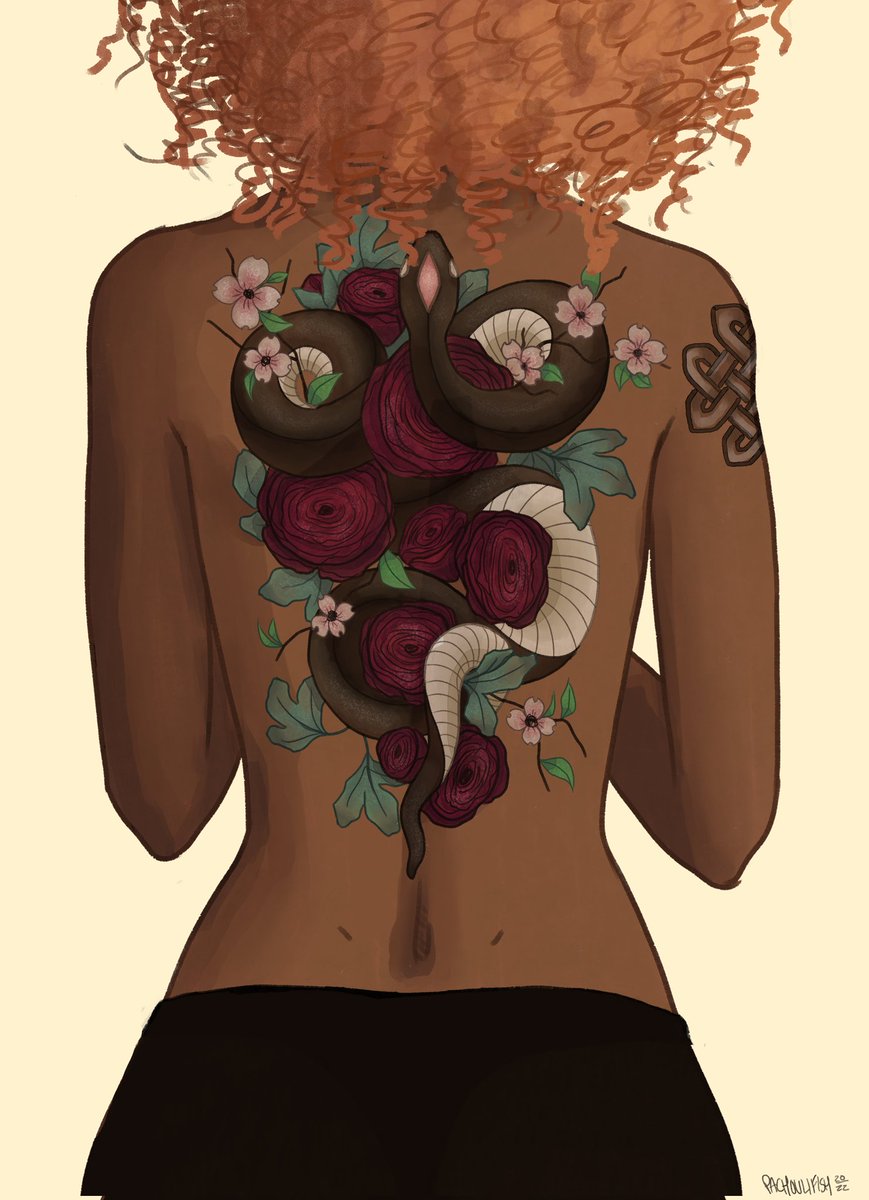 pachoulifishart's tweet image. Can&apos;t believe I haven&apos;t posted this yet (that I can find here LOL). Ardelia&apos;s back #tattoo, starting in @UD_rpgroup &amp;amp; now canon across the board. I primarily have done flower designs so far, so the snake was a really fun challenge. [Dec &apos;22]