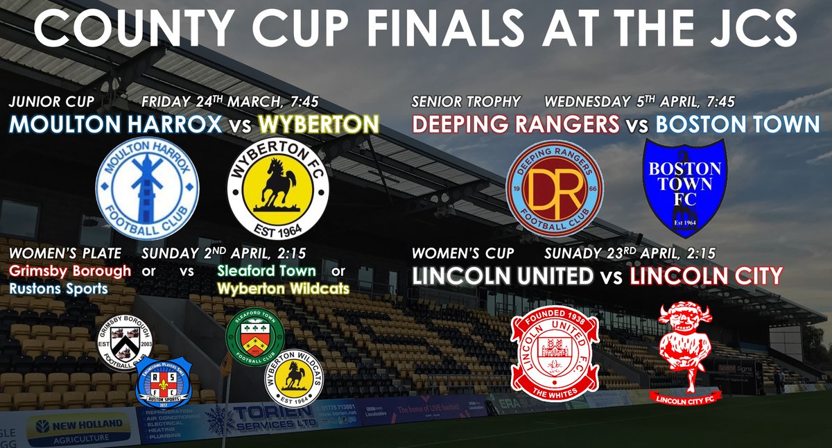 🏆Looking forward to these finals at the JCS!

24/03 @moultonharroxfc - @WybertonFC 
02/04 @BoroughLadies OR @RustonSports_FC - @ladies_town OR @WyboWildcats
05/04 @DeepingRangers - @bostontownfc 
23/04 @LincolnUtdWFC - @Lincoln_Women