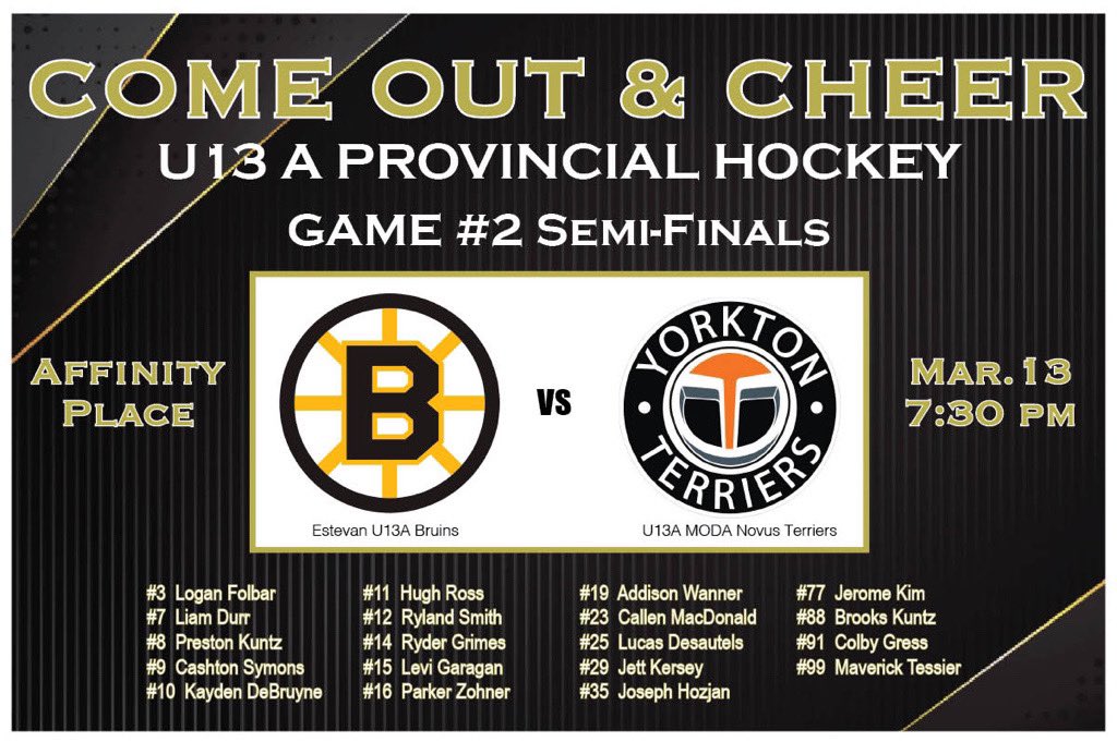 brant_kersey's tweet photo. Game day for the U13 A Bruins. Winner moves on to the Championship Final. Free admission. 
@AffinityPl @EMHA_hockey @EstevanBears @estevanbruins https://t.co/m12EKeSJqY