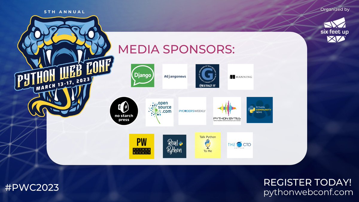 Shout out to our fantastic media sponsors who've helped spread the word 📣 about #PWC2023 🐍:  👏👏👏

@ChatDjango
@djangonewsbot
@GestaltIT
@manningbooks
@nostarch
@opensourceway
@pycoders
@pythonbytes
@PyCommunityNews
@IntPyDiscu
@realpython
@TalkPython
@thectoadvisor