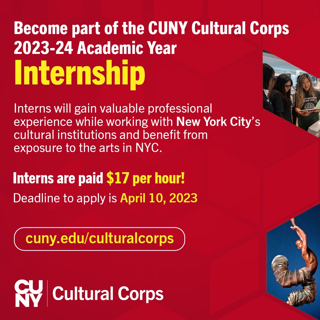 Support the arts while getting paid! Applications are open for the 2023-24 CUNY Cultural Corps, which provides students with paid internships across NYC's arts and cultural institutions. ➡️ Deadline to apply is April 10. 🔗 Go to ow.ly/HcZm50NfGhk