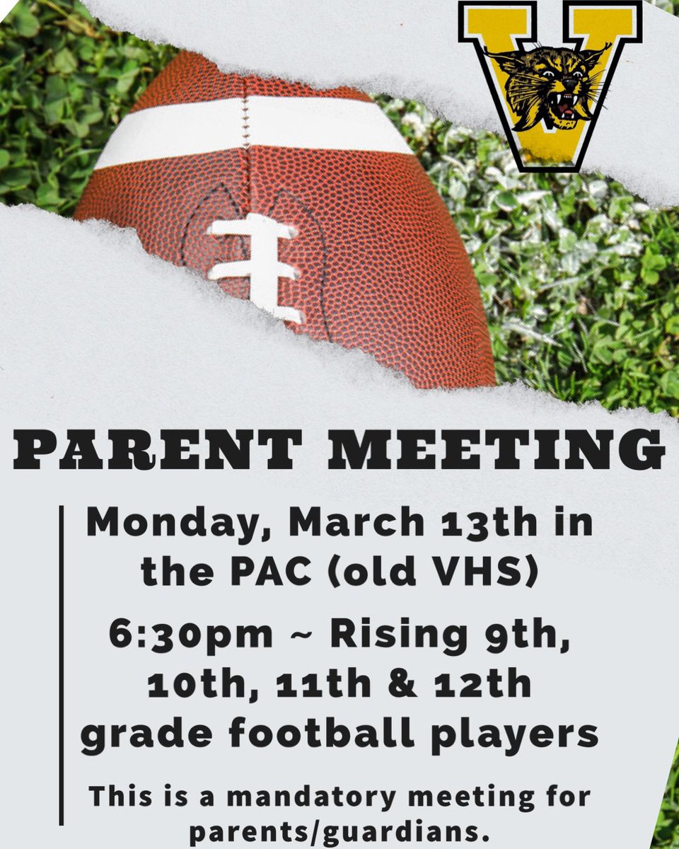 Valdosta Football (@24vhsfootball) on Twitter photo ‼️‼️‼️REMINDER‼️‼️‼️
Our parent meeting is tonight(March 13th) at the PAC (old VHS) at 6:30pm. Coach <a href="/shelton_felton/">Coach Shelton Felton</a> is meeting with rising 9th, 10th, 11th & 12th graders. #DATE <a href="/VHS_FBrecruits/">Valdosta High Football Recruiting</a> <a href="/GoValdostaCats/">Go Cats!</a> ‼️‼️‼️REMINDER‼️‼️‼️
Our parent meeting is tonight(March 13th) at the PAC (old VHS) at 6:30pm. Coach <a href="/shelton_felton/">Coach Shelton Felton</a> is meeting with rising 9th, 10th, 11th & 12th graders. #DATE <a href="/VHS_FBrecruits/">Valdosta High Football Recruiting</a> <a href="/GoValdostaCats/">Go Cats!</a>