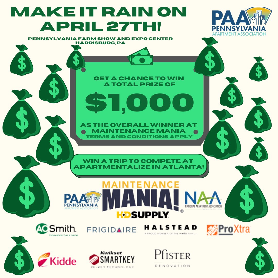 PAA_HQ's tweet image. #MaintenanceMania IS BACK IN 2023, presented by #NAA and #HDSupply! Returning to the PA Farm Show and Expo Center in #Harrisburg, the event has CASH PRIZES and a TRIP to #Apartmentalize on the line! 

Don't wait! Register now! 👉 paahq.com/events/mainten…