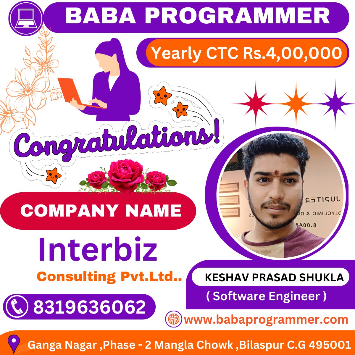 BabaProgrammer's tweet image. Congratulation Kehsav got Package 4 Lack Per Annum on Behalf of Baba Programmer
#babaprogrammerplacedstudents #babaprogrammer #fullstackwebdevelopmentcourseinchhattisgarh #frontenddevelopmentcourseinbilaspurchhattisgarh #pythonprogramming #softwaretraininginstituteinbilaspur