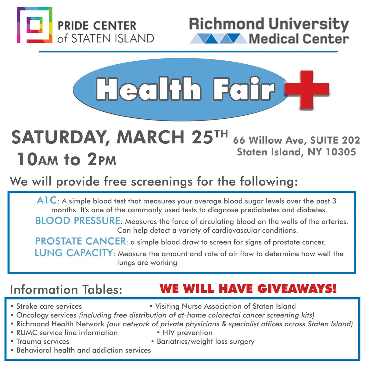 Been a while since your last checkup? Richmond University Medical Center is bringing a Health Fair to the Pride Center of Staten Island on Saturday, March 25th. All are welcome! Contact Nmule@pridecentersi.org for more information.