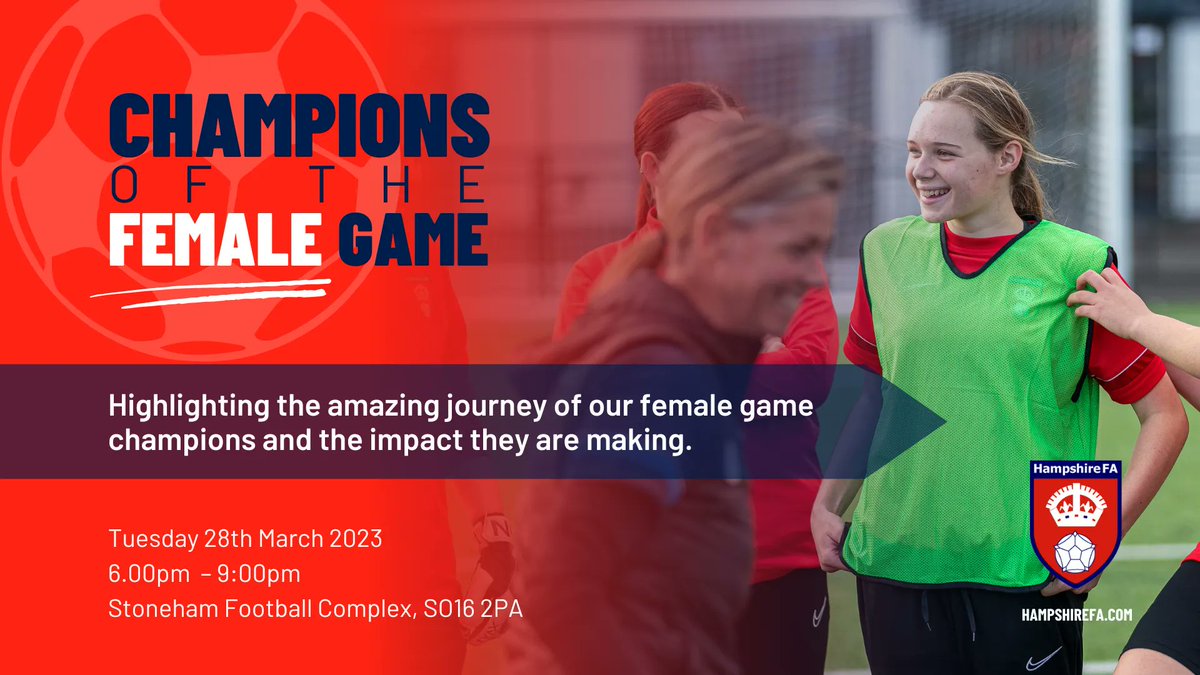HampshireFA's tweet image. 🏆 Champions Of The 𝐅𝐞𝐦𝐚𝐥𝐞 Game 

Inspiring new individuals that want to work in the female game, are new female coaches or currently looking to develop further! 

JOIN THE EVENT | buff.ly/3yzx6xC