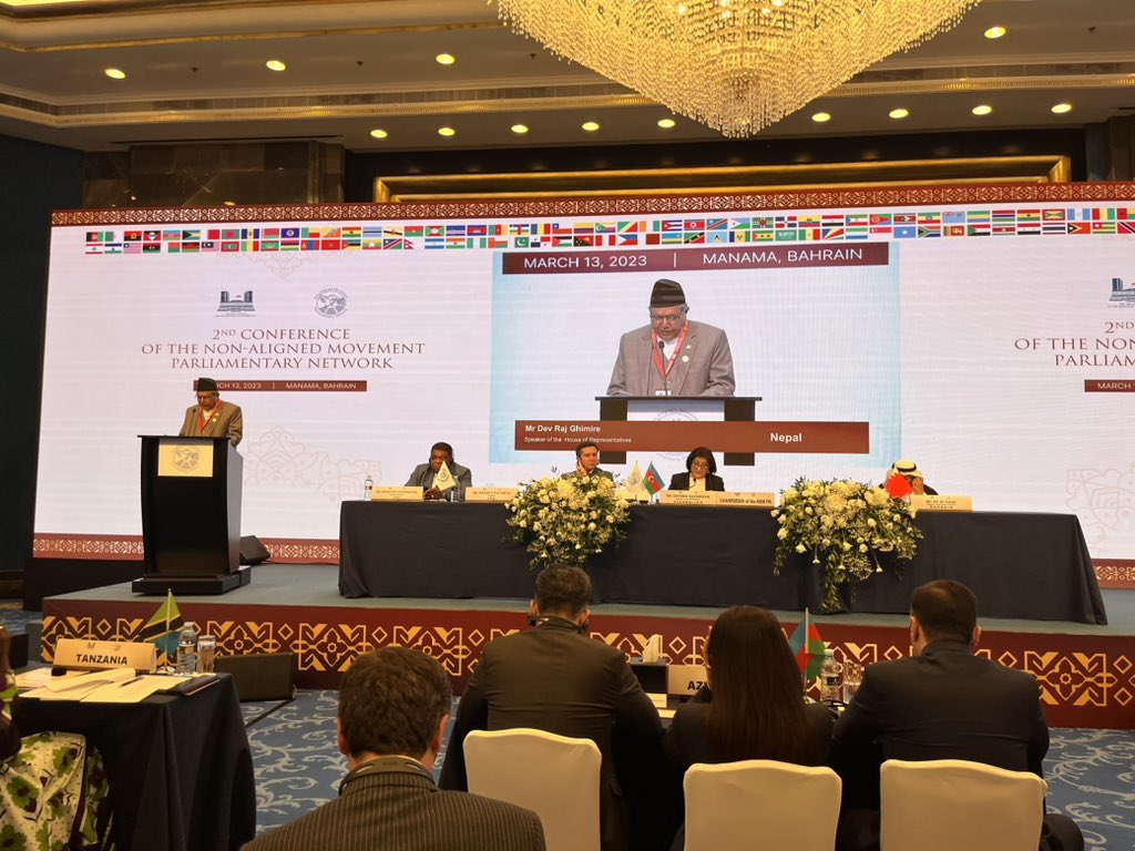Heads of delegations of Cote d'Ivoire, Yemen, Burundi and Nepal deliver statements at #Manama Conference of the Non-Aligned Movement Parliamentary Network #NAMPN2023 #ManamaConference