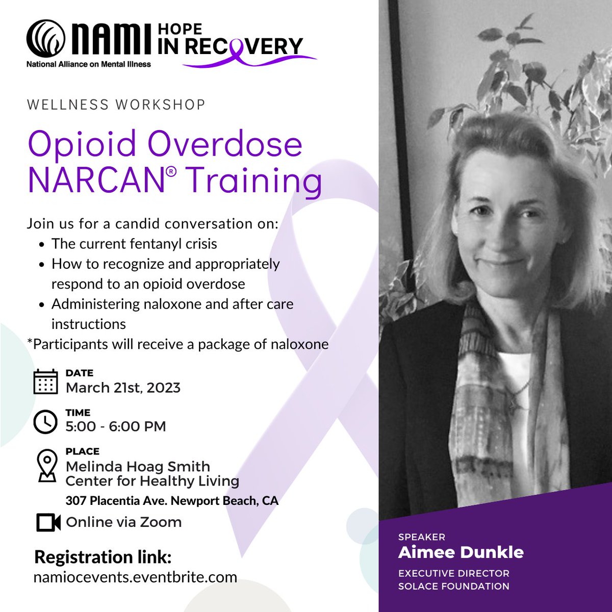 NAMIOC's tweet image. Join us for our next  Hope In Recovery event, where special guest, Aimee Dunkie,  from @Thesolacefound of Orange County will provide an Opioid Overdose NARCAN Training. 
The event will be both online and in person, so reserve your spot today on Eventbrite!
#NARCAN #HopeInRecovery