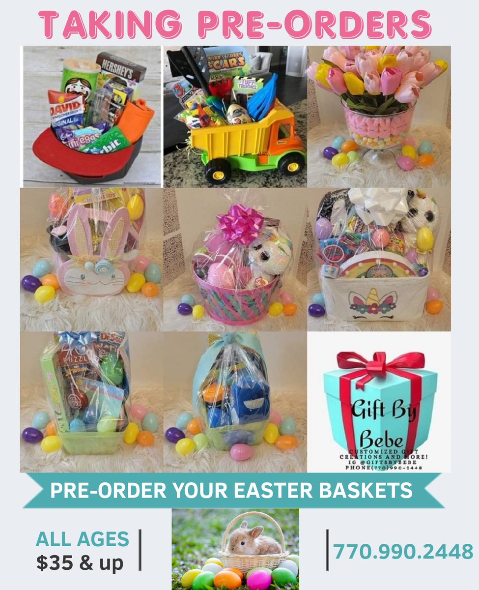 Hop to it! Order your Easter Baskets NOW🐰🐇🐰
Gifts by BeBe 770.990.2448