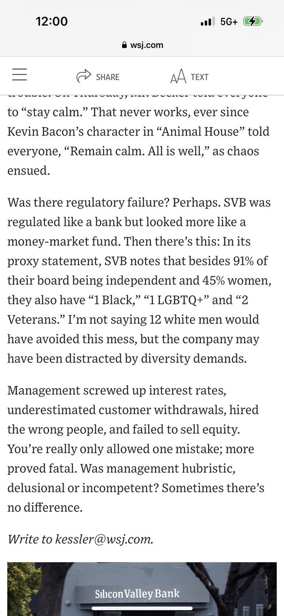 For @wsj to say flat out that SVB could have failed because they added non-white men to their board shows how far behind the times (and certifiably stupid) this publication really is. It makes me so angry and very sad. WSJ readers and staff deserve better.