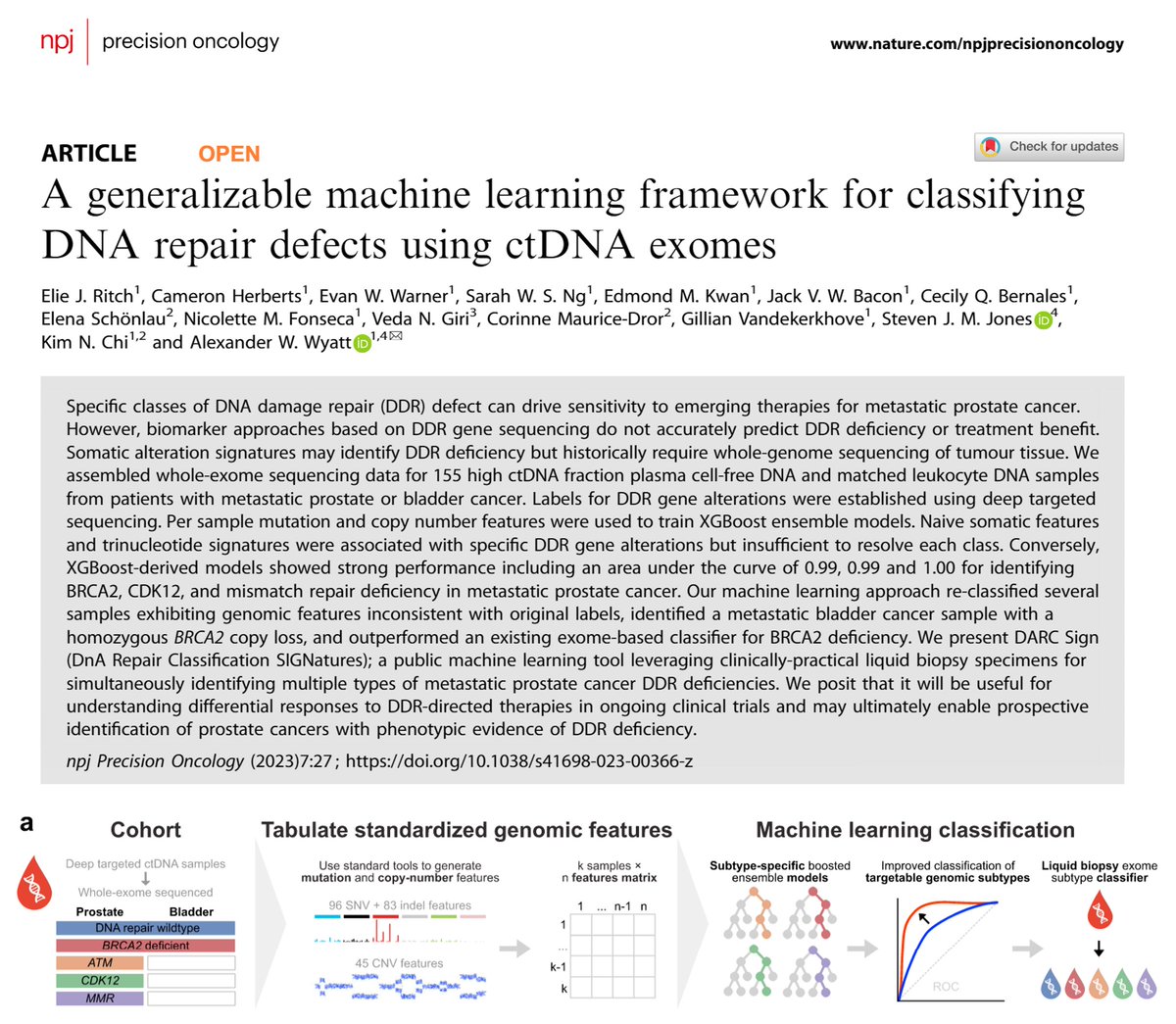 Alex Wyatt (@researchwyatt) on Twitter photo Here’s a paper from our team in <a href="/Nature_NPJ/">npj Journals</a> Precision Oncology, led by newly-minted PhD Dr. Elie Ritch (<a href="/SudomanX/">Elie Ritch</a>), using machine learning to classify prostate cancer ctDNA samples by DNA damage repair phenotype on the basis of mutational signatures. rdcu.be/c7tvo Here’s a paper from our team in <a href="/Nature_NPJ/">npj Journals</a> Precision Oncology, led by newly-minted PhD Dr. Elie Ritch (<a href="/SudomanX/">Elie Ritch</a>), using machine learning to classify prostate cancer ctDNA samples by DNA damage repair phenotype on the basis of mutational signatures. rdcu.be/c7tvo