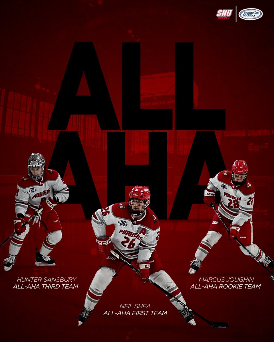 sacredheartmih's tweet image. Congratulations to all three of our end-of-season @Atlantic_Hockey honorees!

Neil Shea ➡️ First Team
Hunter Sansbury ➡️ Second Team
Marcus Joughin ➡️ All-Rookie Team

STORY ➡️ bit.ly/42aUQp2

#WeAreSHU
