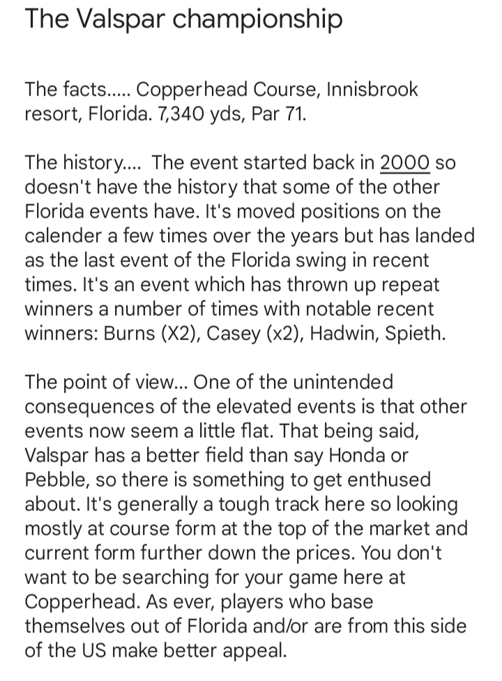 Hoping to back up last week's win with another here at #valsparchampionship 

Fitzpatrick 18/1 2.5pts EW (8)
Suh 40/1 1.5pts EW (8)
Griffin 45/1 1.5pts EW (8)
Gerard 125/1 1pt EW (8)
SH Kim 125/1 1pt EW (8)
Ben Taylor 125/1 1pt EW (8)

#pgatour #golf