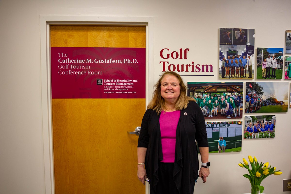 UofSC_HRSM's tweet photo. Cathy Gustafson has touched the lives of countless students in 28 years at HRSM. Today HRSM named a golf tourism conference room in her honor. Read more about golf tourism opportunities HRSM offers students, a program that was founded by Prof. Gustafson: https://t.co/yd1VoQQpaw https://t.co/6fT16fGFpY