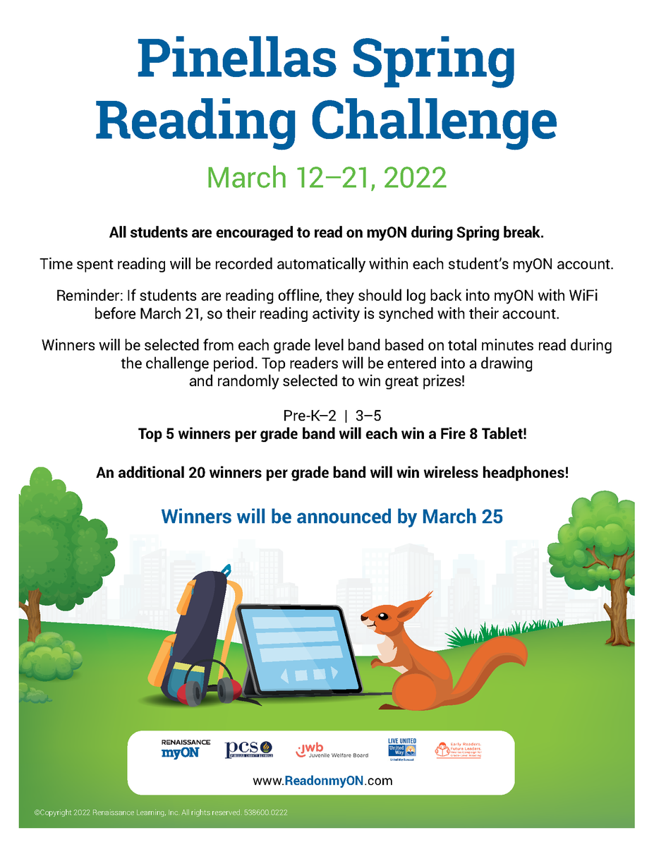 JWBPinellas's tweet photo. #EarlyReadersFutureLeaders, kickstart your spring break with the new Pinellas Spring Reading Challenge! From March 12-21, all Pre-K to Grade 5 students are encouraged to read as many books as they can via @ReadonmyON during spring break. Learn more: https://t.co/QrBKyk3LEO https://t.co/1pGRbsaePh