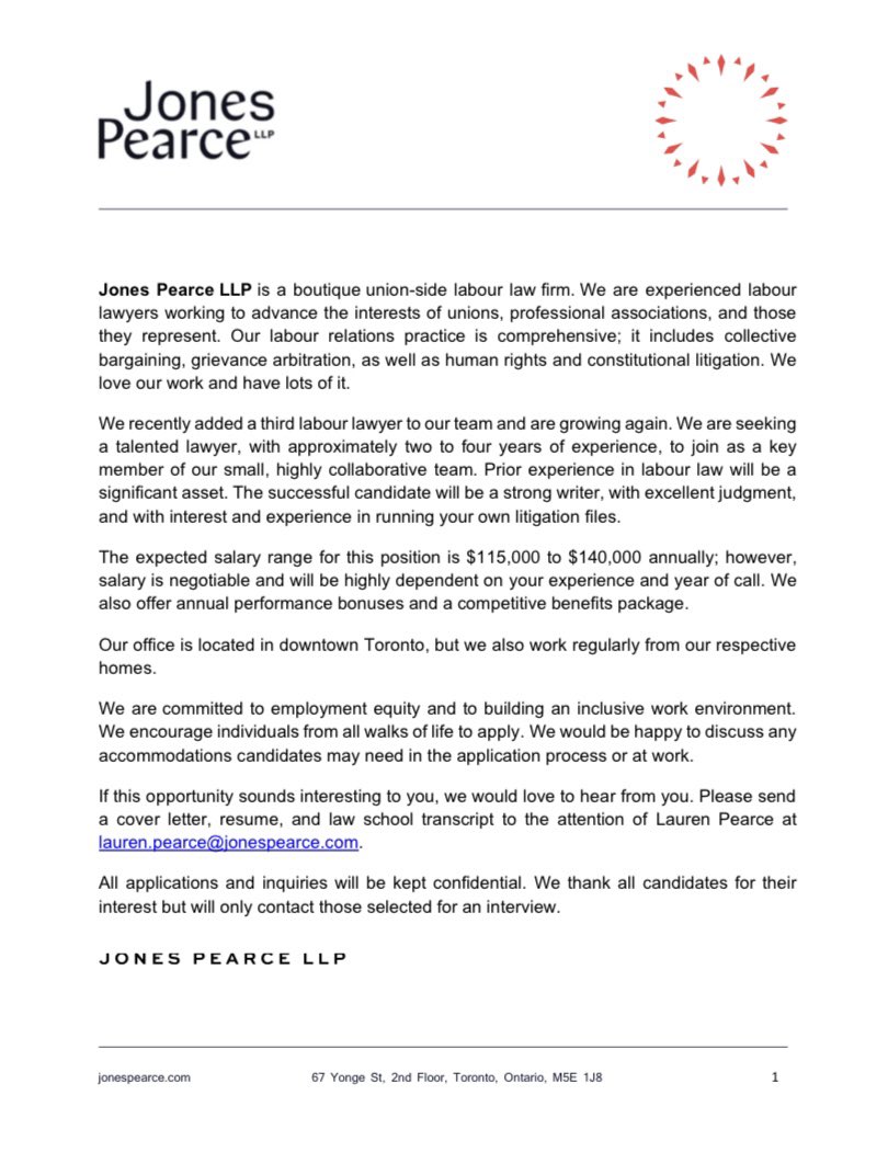 The Jones Pearce team is growing again!   Looking to hire a lawyer, ~2-4 years out, ideally with labour law experience.  Pls circulate and contact me or <a href="/NinivJones/">Nini Jones</a> for more details.