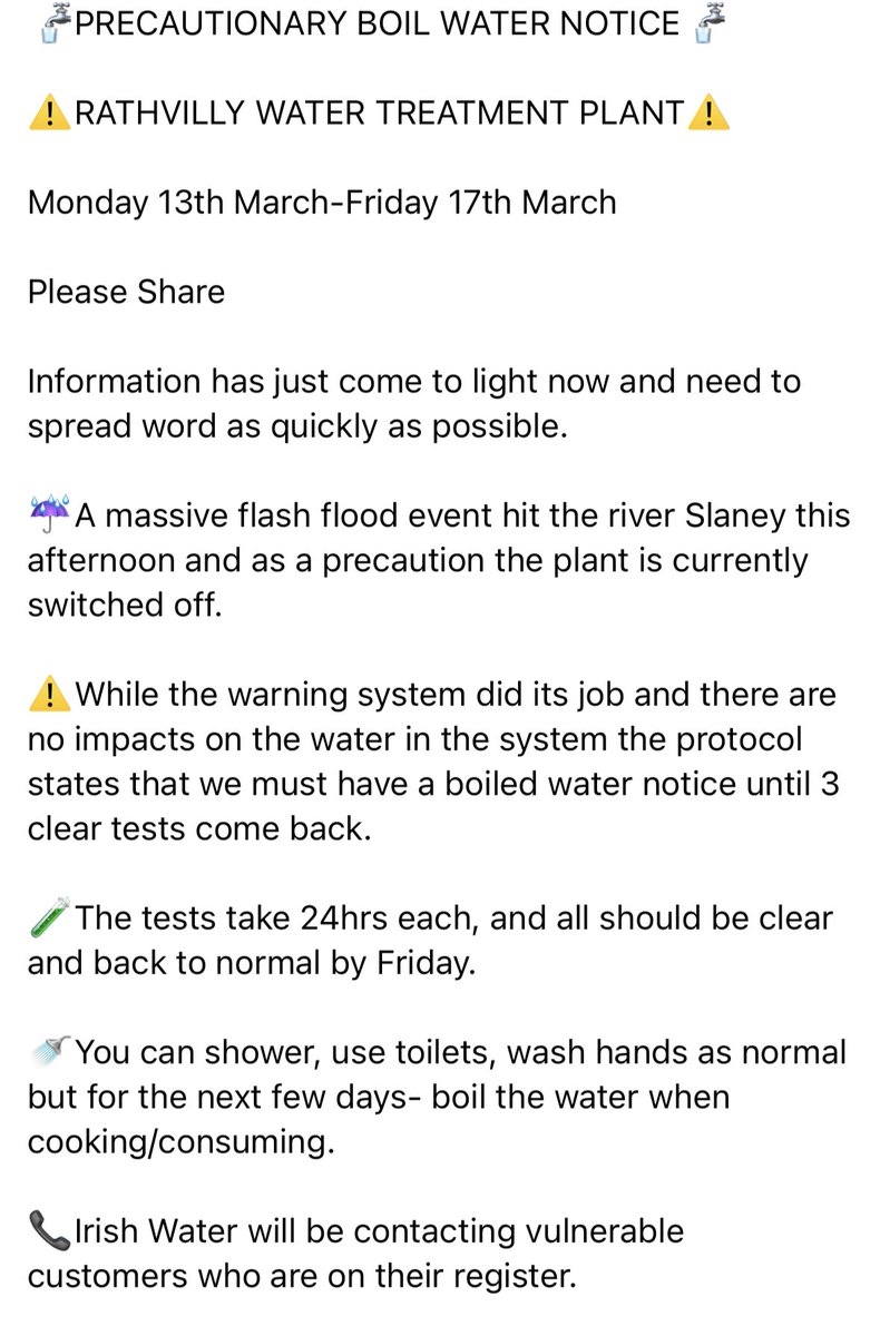 Heavy rain and also a lot of snow melt on the Wicklow Mountains has caused an alert at the Rathvilly Water Treatment plant with a boil water notice in place now.