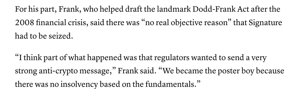 Dear God. Barney Frank openly admits that Signature was arbitrarily shuttered despite no insolvency because regulators wanted to kill off the last major pro-crypto bank. Colossal scandal

cnbc.com/2023/03/13/sig…