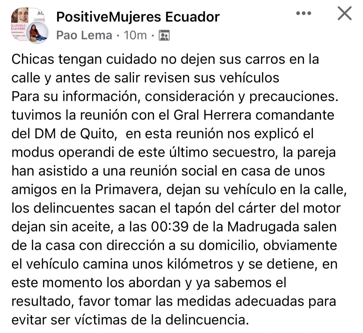 Gente de Twitter comparto esta info sobre el secuestro de la pareja en Quito. Esta información es importante para todxs para prevenir que nos pueda pasar lo mismo!
Compártanla!