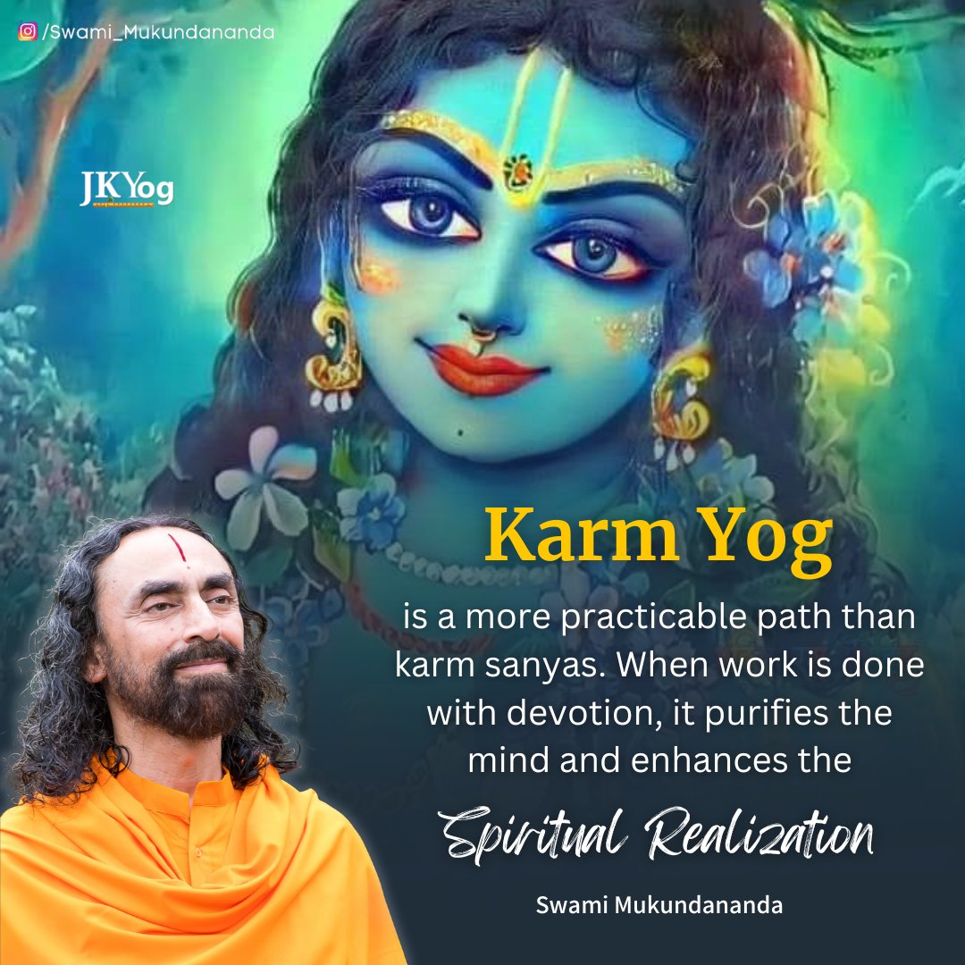 jkyogactivities's tweet image. Karm yog is a more practicable path than karm sanyas. When work is done with devotion, it purifies the mind and enhances the spiritual realization. The mind then becomes tranquil - Swami Mukundananda 
#BhagavadGita #krishna #karmyog