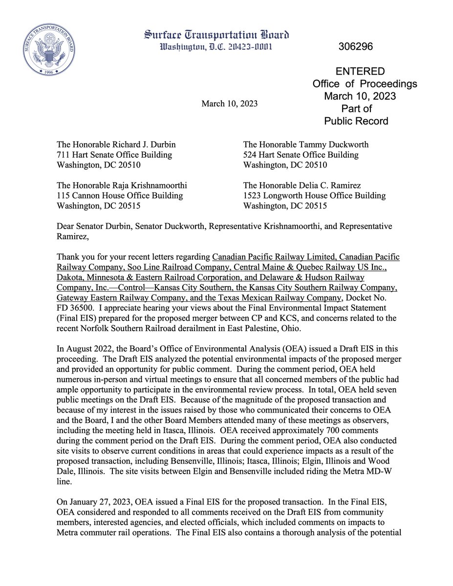 Visit our website to read the response from STB Chairman Oberman to the Illinois delegation in Washington's letter urging a deeper look into the proposed merger. 

stopcpkc.com

#railfan #StopCPKC #trains #Illinois