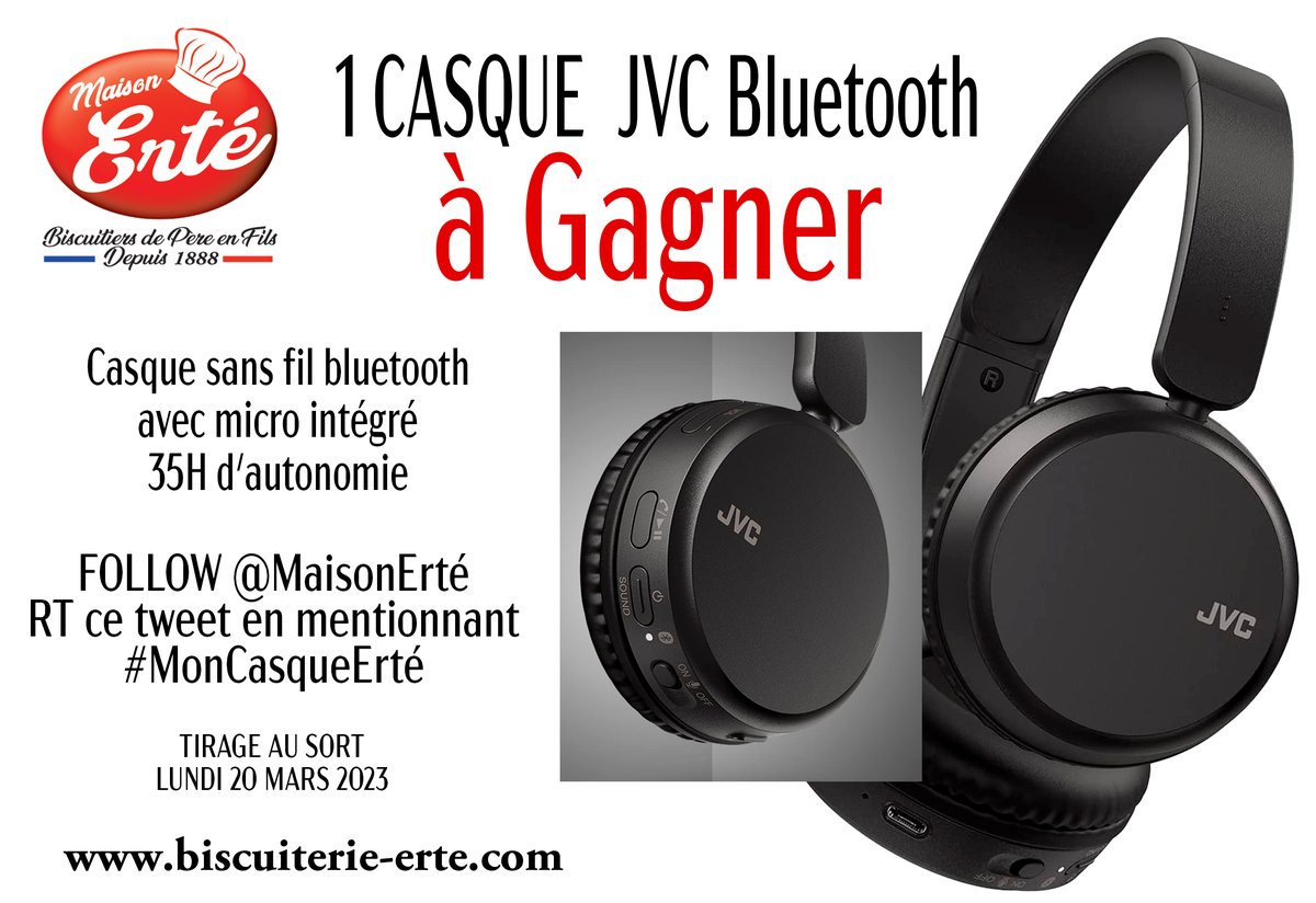 MaisonErte's tweet photo. C'est parti pour un nouveau concours les Petits Gourmands !😉
Tentez de remporter 1 CASQUE BLUETOOTH JVC
RT + FOLLOW @MaisonErte
et commentez avec le hashtag #MonCasqueErte
Tirage au sort 20 Mars 2023, bonne chance à tous !🍀🍀🍀 https://t.co/gBmapZB5uH