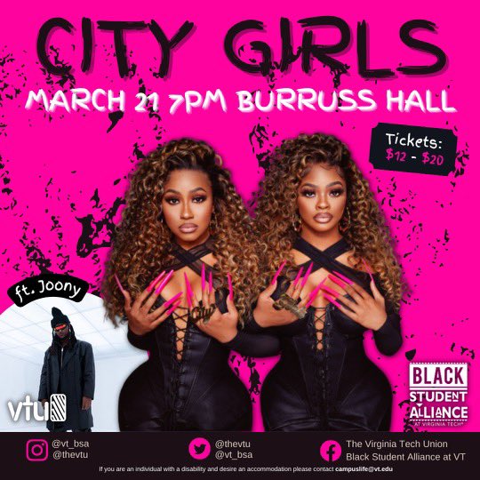 thevtu's tweet photo. The Black Student Alliance and The Virginia Tech Union present our Spring concert: 💗🚨City Girls Ft. Joony🚨💗

 ‼️Ticket sales will be in-person only on  Tuesday, 3/14 from 9am - 5pm and more information will be on the next slide. ‼️ https://t.co/dVONshkERo