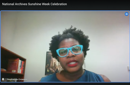 FOIA_Ombuds's tweet photo. The @USNatArchives #FOIA Public Liaison for Presidential Libraries, Stephannie Oriabure, discusses how the libraries #MakeAccessHappen during today's #SunshineWeek2023 program. Watch at: https://t.co/ZcfrBDwueo https://t.co/9RujVxJd5q