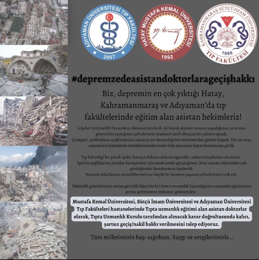Depremzede Asistan Tıp ve Diş Hekimlerinin eğitimlerine devam edebilmeleri için başka üniversitelere ŞARTSIZ NAKİL olması gerekiyor. 

#AsistnHekimlrEnkazAltnda

<a href="/drfahrettinkoca/">Dr. Fahrettin Koca</a>
<a href="/sbhttnaydin/">Sabahattin Aydın</a>
<a href="/umitkervan/">Umit Kervan</a>
<a href="/YukselAltuntas1/">Dr.Yüksel Altuntaş</a>
 <a href="/mmkilicarslan/">Mehmet Ali Kılıçarslan</a>
<a href="/orhanodabasi/">Orhan Odabaşı</a> 
<a href="/baskandundar/">Hüseyin DÜNDAR</a>