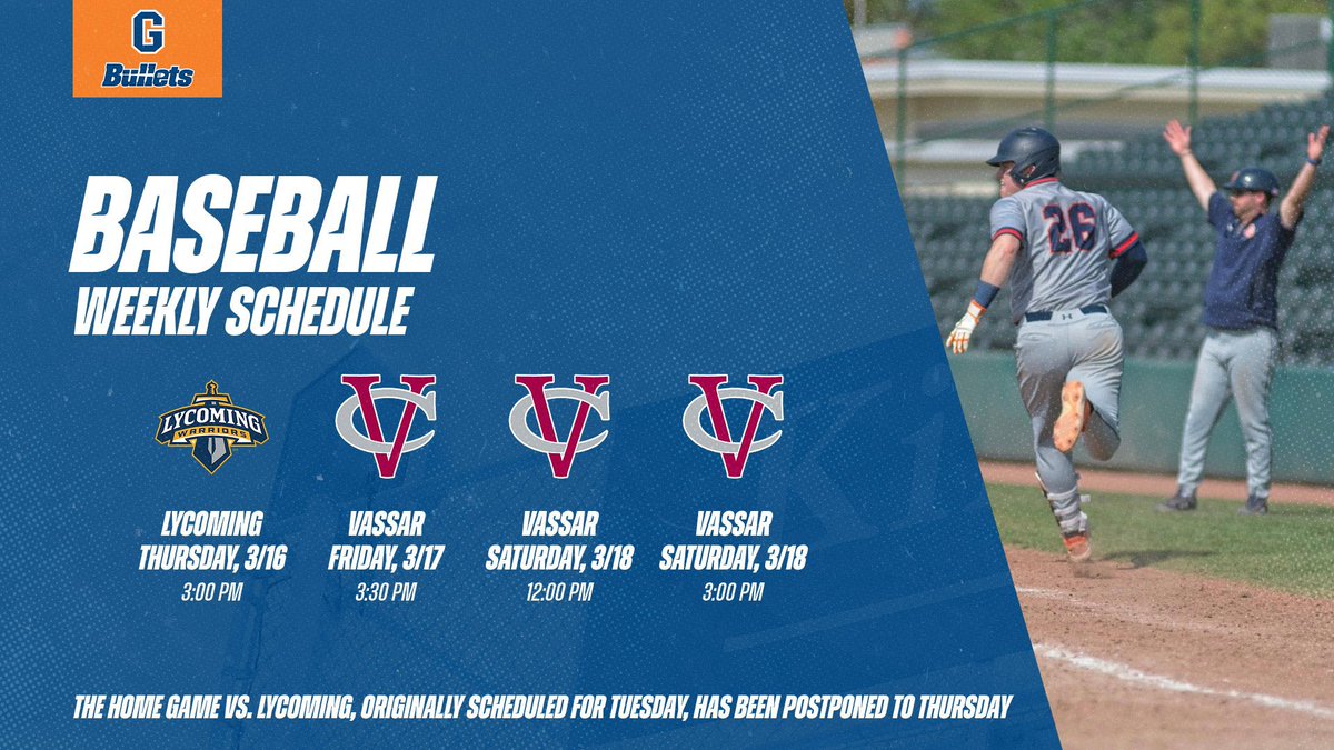 GBurgBase's tweet photo. WEEKLY BASEBALL SCHEDULE 

- 1) Thursday (originally Tuesday) 3:00 PM - Home vs. Lycoming

- 2) Friday 3:30 PM - Home vs. Vassar

- 3 &amp; 4) Saturday 12:00 PM - Home doubleheader vs. Vassar

@gburgbullets @gettysburg https://t.co/IYxegatFmi