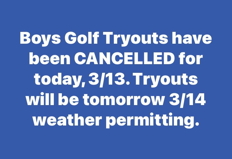 Boys Golf Cancelled for today 3/13! ⛳️ <a href="/WoodenAthletics/">John Wooden MS Athletics</a> <a href="/MSDMartinsville/">MSD of Martinsville</a>