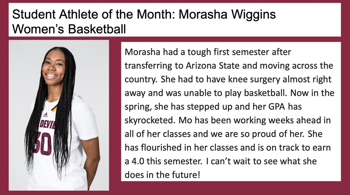 Sun Devil OSAD (@sundevil_osad) on Twitter photo We're back from Spring Break and here to celebrate our Student-Athletes of the Month! Congrats to Morasha from <a href="/SunDevilWBB/">Sun Devil WBB</a> for this honor, we're so proud of you! We're back from Spring Break and here to celebrate our Student-Athletes of the Month! Congrats to Morasha from <a href="/SunDevilWBB/">Sun Devil WBB</a> for this honor, we're so proud of you!