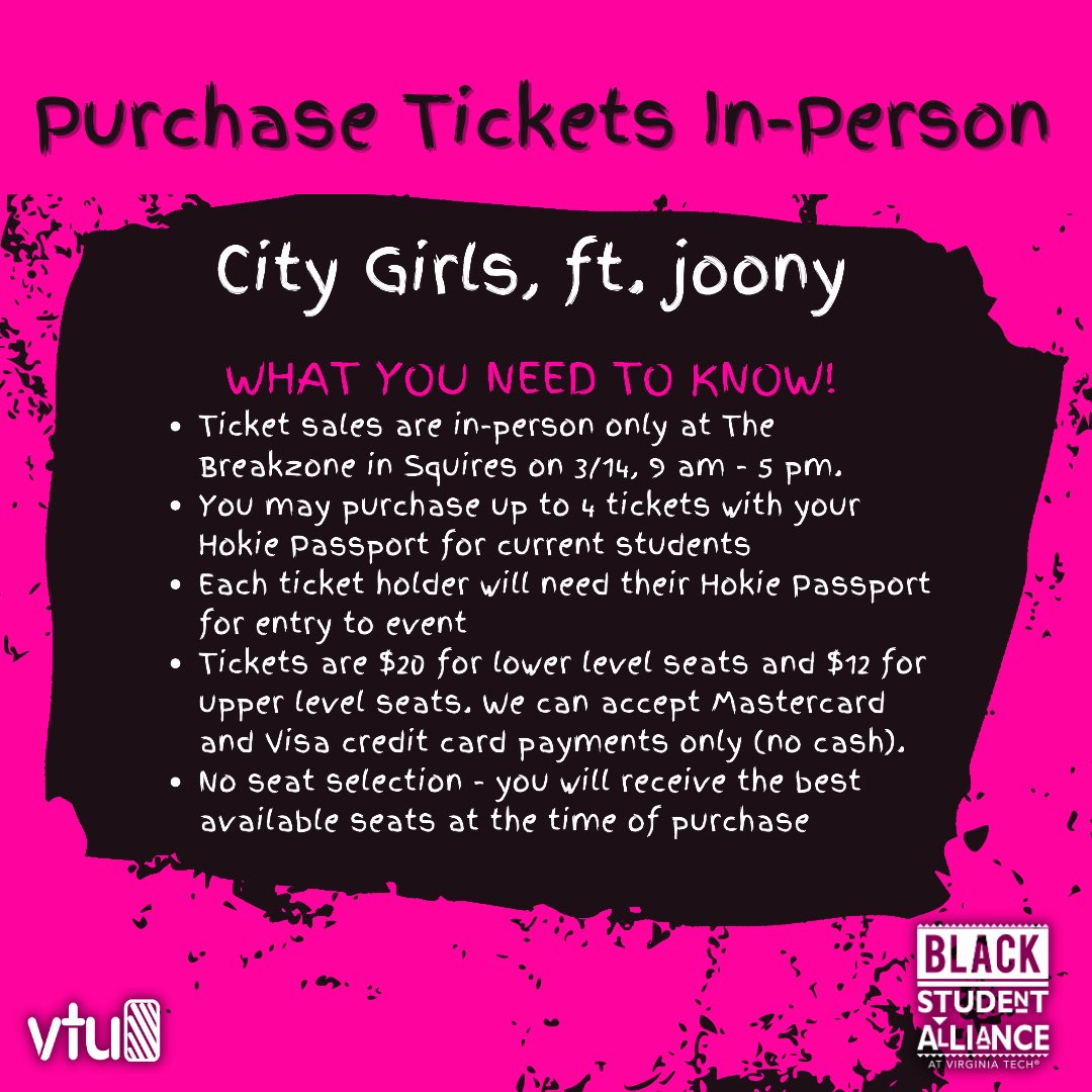 thevtu's tweet photo. SPRING CONCERT TICKETING INFO FT
CITY GIRLS!!

 ‼️Hokie Passport is required for ticket purchase! The line will form out of Breakzone, down the Squires first floor corridor, out the Henderson Entrance, and up the sidewalk.‼️

In-person ticket sales: Tuesday, 3/14 from 9am - 5pm https://t.co/7zYpoqveBD