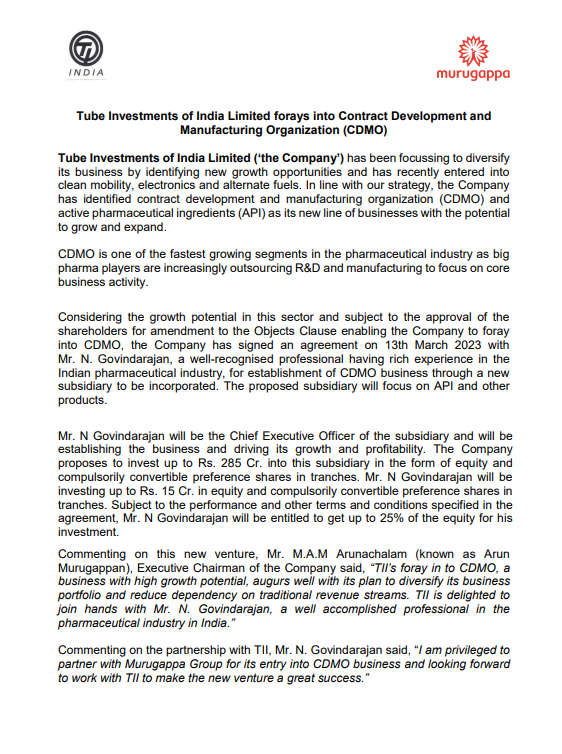 YashasInfinite's tweet photo. #Tube #Investments of #India #Limited #forays into #Contract #Development and #Manufacturing #Organization 

Source: #NSE  #BSE  
#stockmarket #investing 
#TIINDIA https://t.co/RcToEBJna2