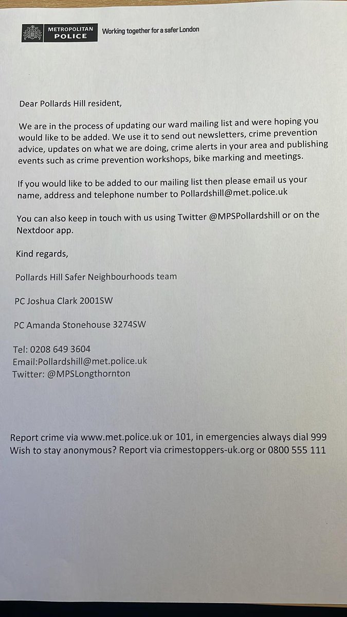 MPSPollardsHill's tweet photo. I have been out on patrol today delivering leaflets offering you to join our mailing list, please email in to sign up!
#safermerton https://t.co/Br9ODYaXGe