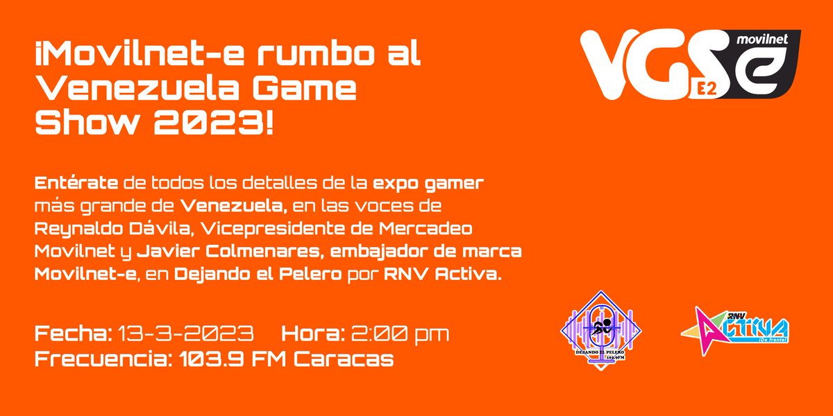 #13Mar| 🎧Sintoniza el programa 'Dejando El Pelero' en 103.9 FM a las 2 pm y entérate de todos los detalles del Venezuela Game Show. 📰Conoce la información de primera mano la información de Vpdte. de Mercadeo Reynaldo Dávila, y Javier Colmenares, embajador de @movilnet_e