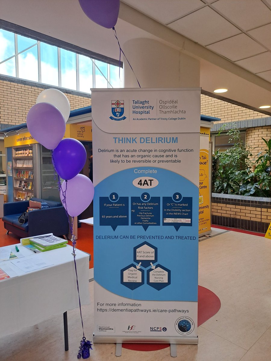 SuzanneO_Reilly's tweet photo. Delirium Week has commenced in Tallaght University Hospital ๐ง
World Delirium Awareness Day is tomorrow March 15th 2023 ๐
THINK DELIRIUM! THINK 4AT ๐ฉ๐ปโโ๏ธ๐จ๐ปโโ๏ธ๐๐
#delirium #deliriumweek #worlddeliriumawareness
#4AT #SQiD #tallaghtuniversityhospital https://t.co/GM8RwkWezq