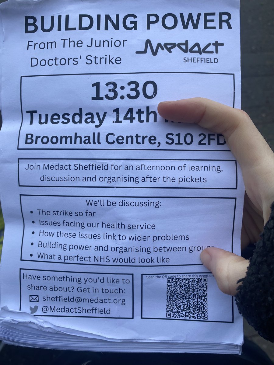 After the picket tomorrow @MedactSheffield will be hosting a get together @ Broomhall community centre from 13.30 to discuss how we build cross union solidarity and connect our strike w/ other health justice campaigns across the city. Come down if you can, they’ll b 🍕 🍪 ☕️