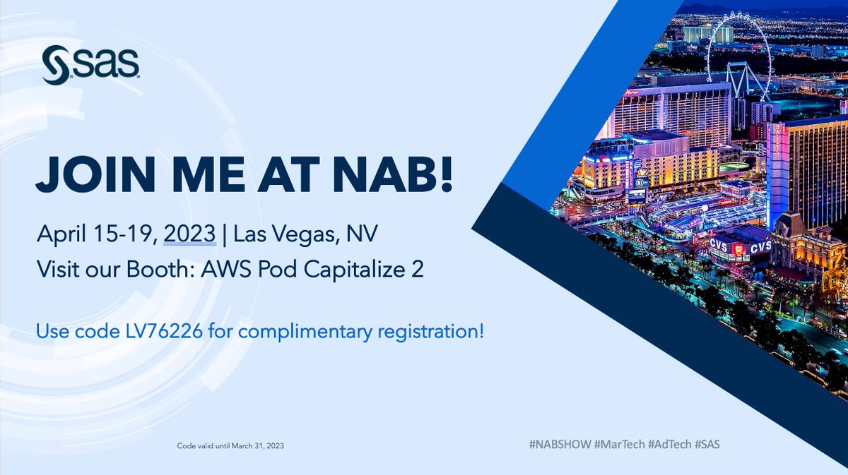 SAS is gearing up to head to Vegas to talk all things AdTech! We’ll be discusssing media monetization, audience targeting, and other hot topics! The best part? Claim your FREE pass to the event before March 31 – on us! Registration Code: LV76226

#adtech

2.sas.com/60173NzD7