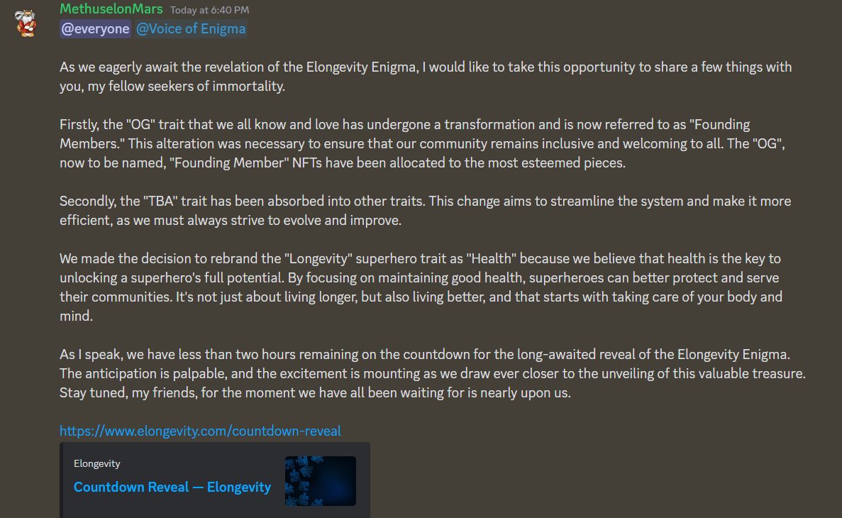 ElonEnigma's tweet photo. Methuselon Mars has posted a new message in announcements!

👇 https://t.co/1YYNQX3Flt