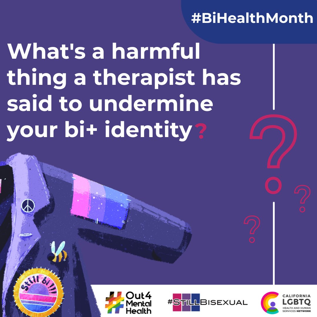 To celebrate #BiHealthMonth we’re creating a platform for YOU to share YOUR EXPERIENCES accessing mental health care as a bi+ person.

Today’s question: What’s a harmful thing a therapist has said to undermine your bi+ identity?

#BiHealthMonth
