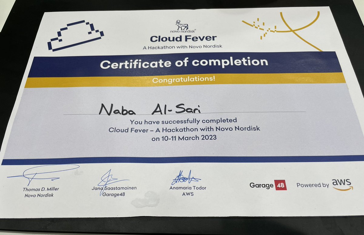 Naba Al-Sari (@nabaalsari) on Twitter photo I, together with lovely and like-minded #hackers completed ‘Cloud Fever: 24-hour Hackathon with Novo Nordisk’ to build efficient cloud-based solutions that could be used in medical research! <a href="/novonordisk/">Novo Nordisk</a> <a href="/awscloud/">Amazon Web Services</a> <a href="/garage48/">Garage48 Foundation</a> <a href="/womenintechuk/">Women in Tech</a> #AI #teamwork #CloudComputing #hackathon I, together with lovely and like-minded #hackers completed ‘Cloud Fever: 24-hour Hackathon with Novo Nordisk’ to build efficient cloud-based solutions that could be used in medical research! <a href="/novonordisk/">Novo Nordisk</a> <a href="/awscloud/">Amazon Web Services</a> <a href="/garage48/">Garage48 Foundation</a> <a href="/womenintechuk/">Women in Tech</a> #AI #teamwork #CloudComputing #hackathon