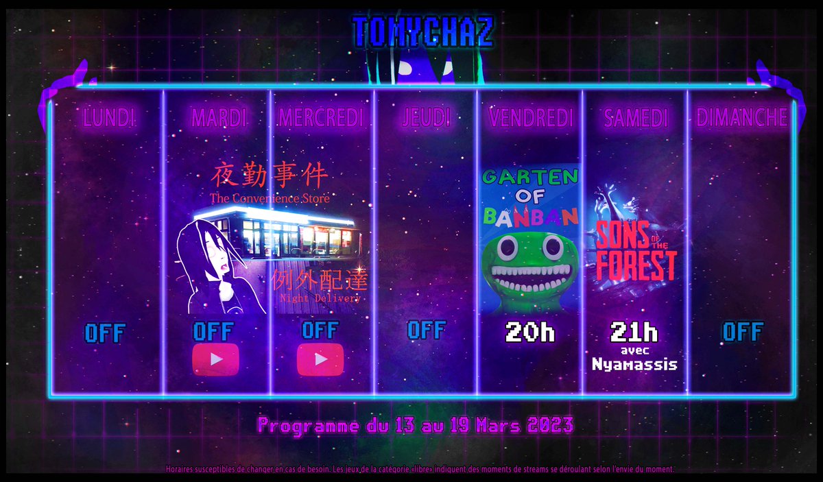 TomyChaz's tweet image. 🗓️Programme du 13 au 19 Mars 2023.

Ce début de semaine, je ne serais pas chez moi. 
MAIS ! 2 Vod HORREUR seront mises sur YouTube ! 
#TheConvenienceStore et #NightDelivery. 

Puis, retour en live avec #gartenofbanban (1 &amp;amp; 2) et #sonsoftheforest avec @nyamassis. :3

#VtuberFr