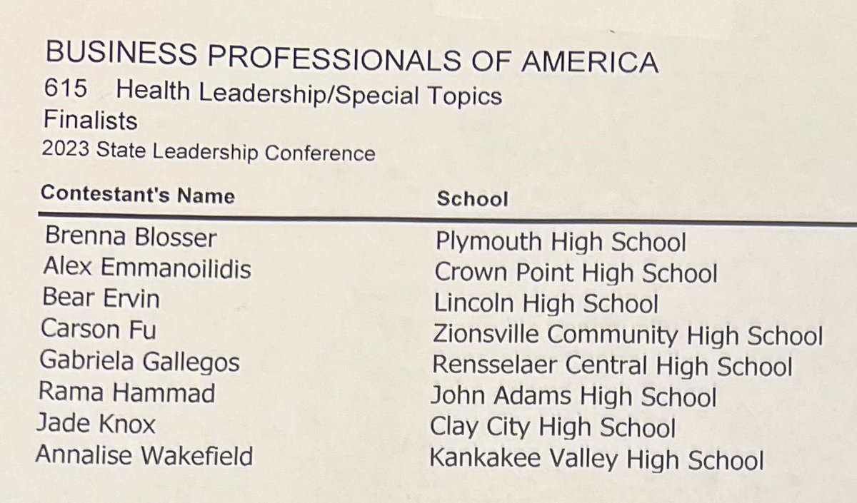 Congratulations <a href="/SBJohnAdamsHigh/">John Adams HS</a> <a href="/JA_BPA/">John Adams BPA</a> Junior Rama Hammad!  She competed in Health Leadership/Special Topics Presentation preliminaries this morning…qualified for the finals this afternoon at her first <a href="/inbpa/">Indiana BPA</a> State Competition after having placed first at Regionals in December