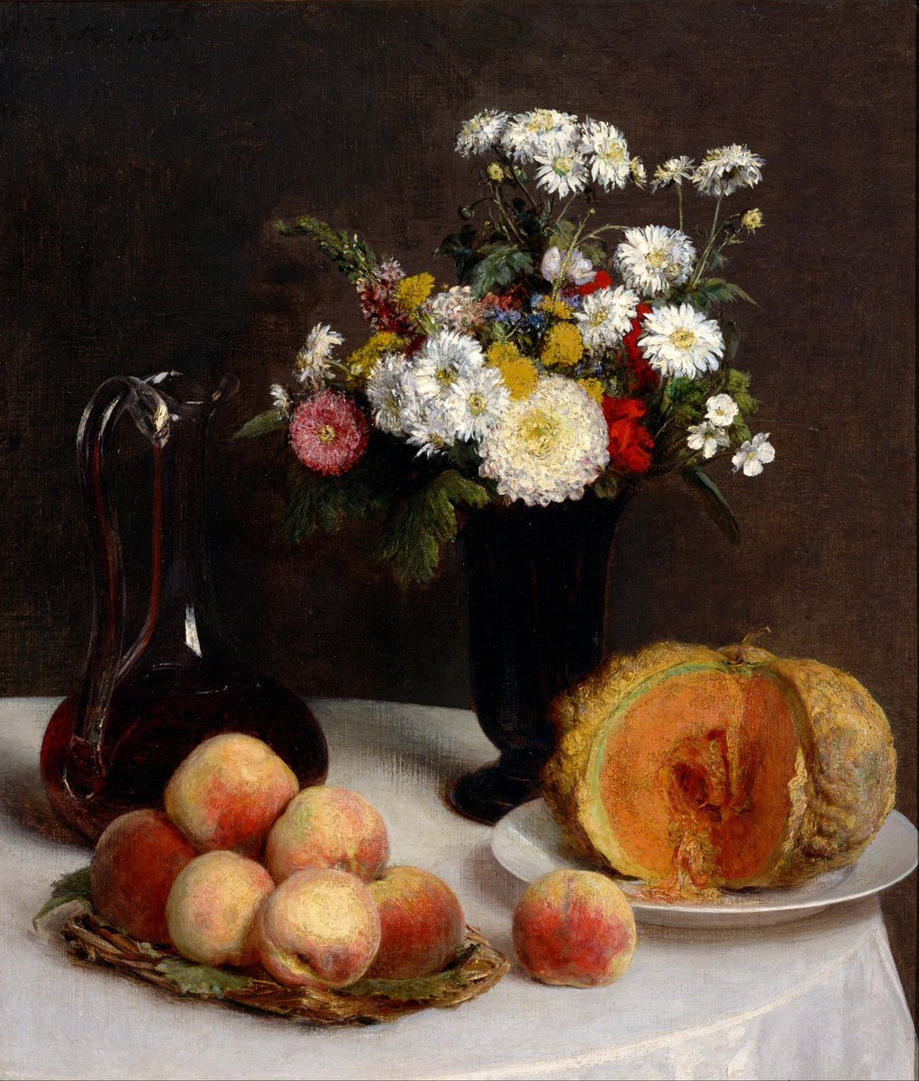 Still Life With Carafe, Flowers And Fruit by Henri Fantin-Latour, oil on canvas 1865.