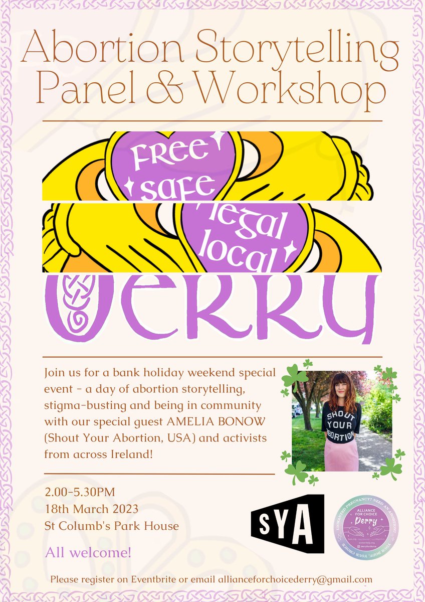After our full week of IWD events we are excited to announce ANOTHER event in Derry this Sat 18th March @ 2pm.

We are hosting <a href="/ameliabonow/">Amelia Bonow</a> from <a href="/ShoutYrAbortion/">Shout Your Abortion</a> for the weekend and are having an Abortion Storytelling Panel &amp; Workshop!

Free tickets here! eventbrite.co.uk/e/abortion-sto…