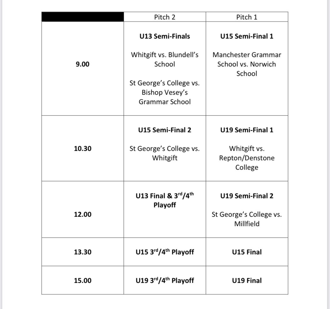 We are ready for Finals Day tomorrow <a href="/HockeyNotts/">Nott'm Hockey Centre</a>! Really looking forward to welcoming <a href="/WhitgiftSport/">Whitgift Sport</a> <a href="/BlundellsSchool/">Blundell's School</a> <a href="/StGeorgesHockey/">St Georges Hockey</a> <a href="/BVGS1527/">Bishop Vesey's Grammar School</a> <a href="/MGS_PEandSport/">MGS Sport</a> <a href="/NorSchSport/">Norwich School Sport</a> <a href="/HockeyMillfield/">Millfield Hockey</a> and either <a href="/Reptonhockey/">Repton School Hockey</a> or @DenstoneSport who are playing currently…! <a href="/inspiresport/">inspiresport</a>