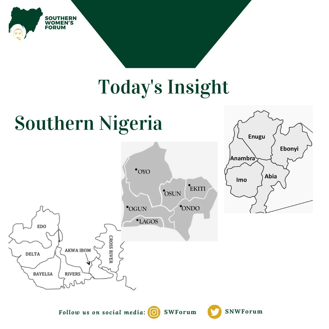 SNWForum's tweet photo. A region of Nigeria that comprises of the South-East, South-South and South-West geopolitical zones with the South-East often described as the smallest geopolitical zone in Nigeria. #itisimportanttovoteforasouthernnigerianwoman #NigeriaDecide2023 #womeninpoliticsmatter https://t.co/78tdcLAIAU